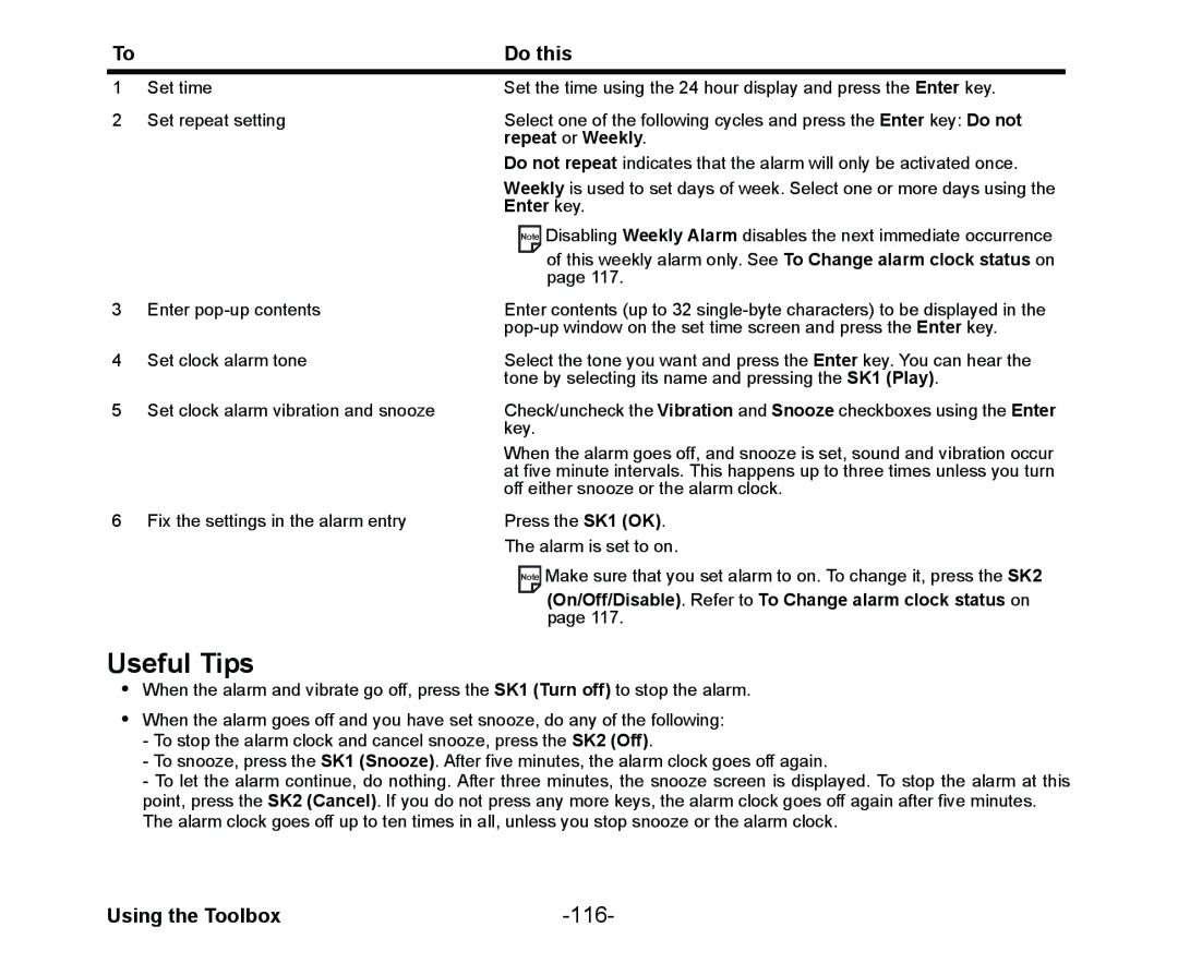 NEC Cell Phone manual 116, Repeat or Weekly, On/Off/Disable. Refer to To Change alarm clock status on 