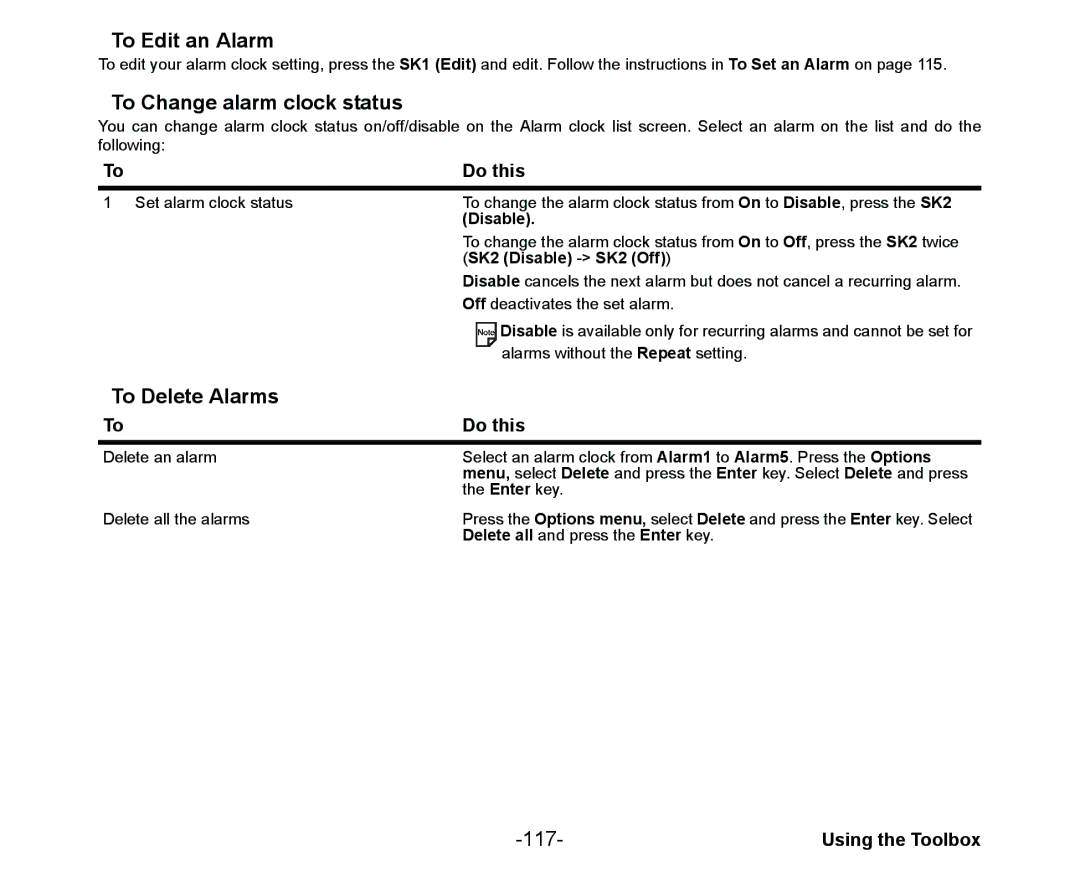 NEC Cell Phone manual To Edit an Alarm, To Change alarm clock status, To Delete Alarms, 117 