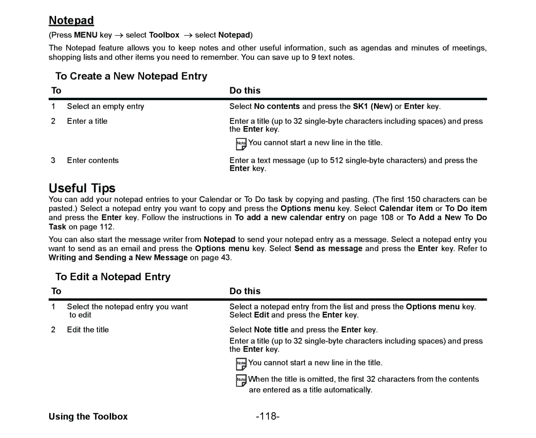 NEC Cell Phone manual To Create a New Notepad Entry, To Edit a Notepad Entry, 118 