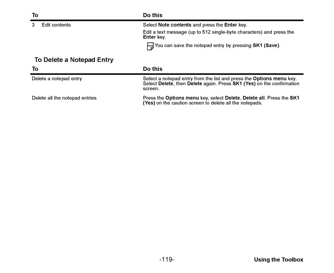 NEC Cell Phone manual To Delete a Notepad Entry, 119 