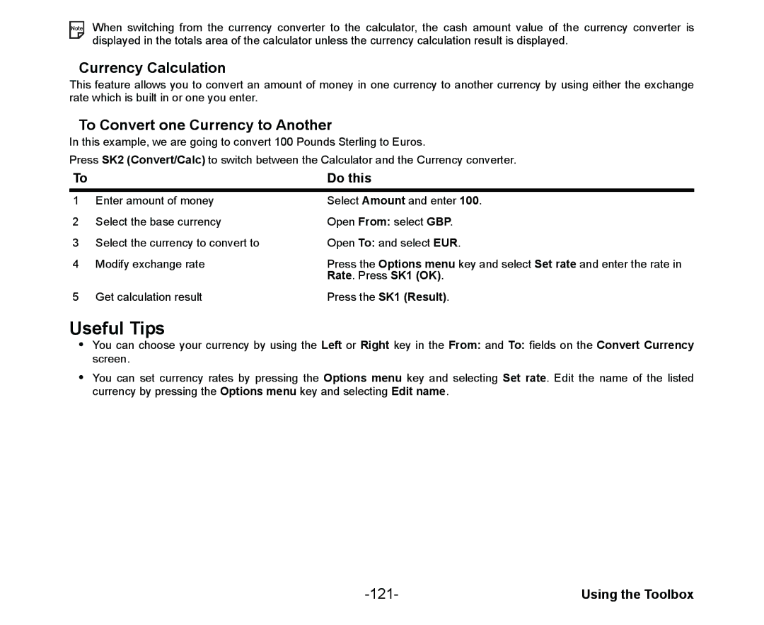 NEC Cell Phone Currency Calculation, To Convert one Currency to Another, 121, Rate. Press SK1 OK, Press the SK1 Result 