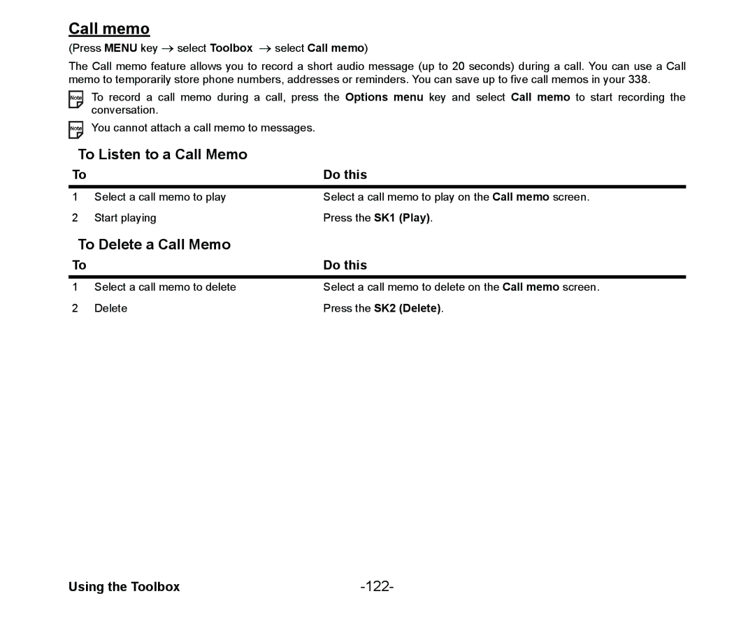 NEC Cell Phone manual Call memo, To Listen to a Call Memo, To Delete a Call Memo, 122, Press the SK2 Delete 