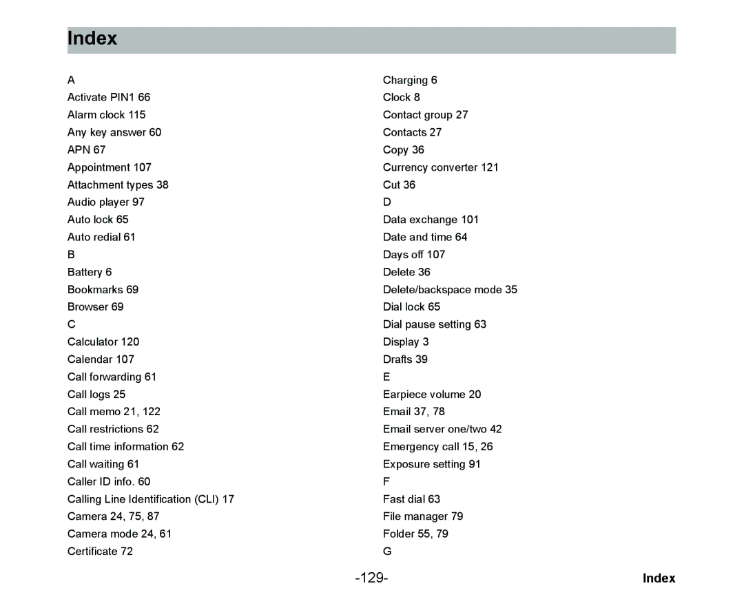 NEC Cell Phone manual Index 