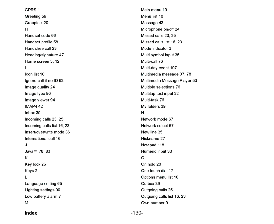 NEC Cell Phone manual 130, Index 