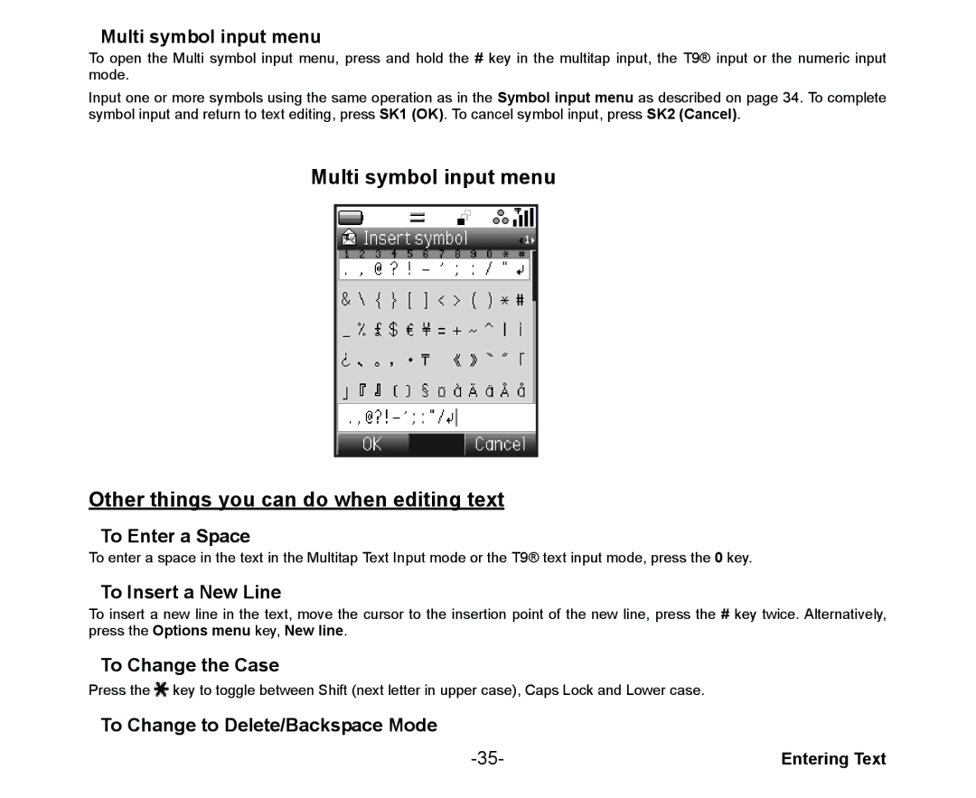 NEC Cell Phone manual Multi symbol input menu, To Enter a Space, To Insert a New Line, To Change the Case 