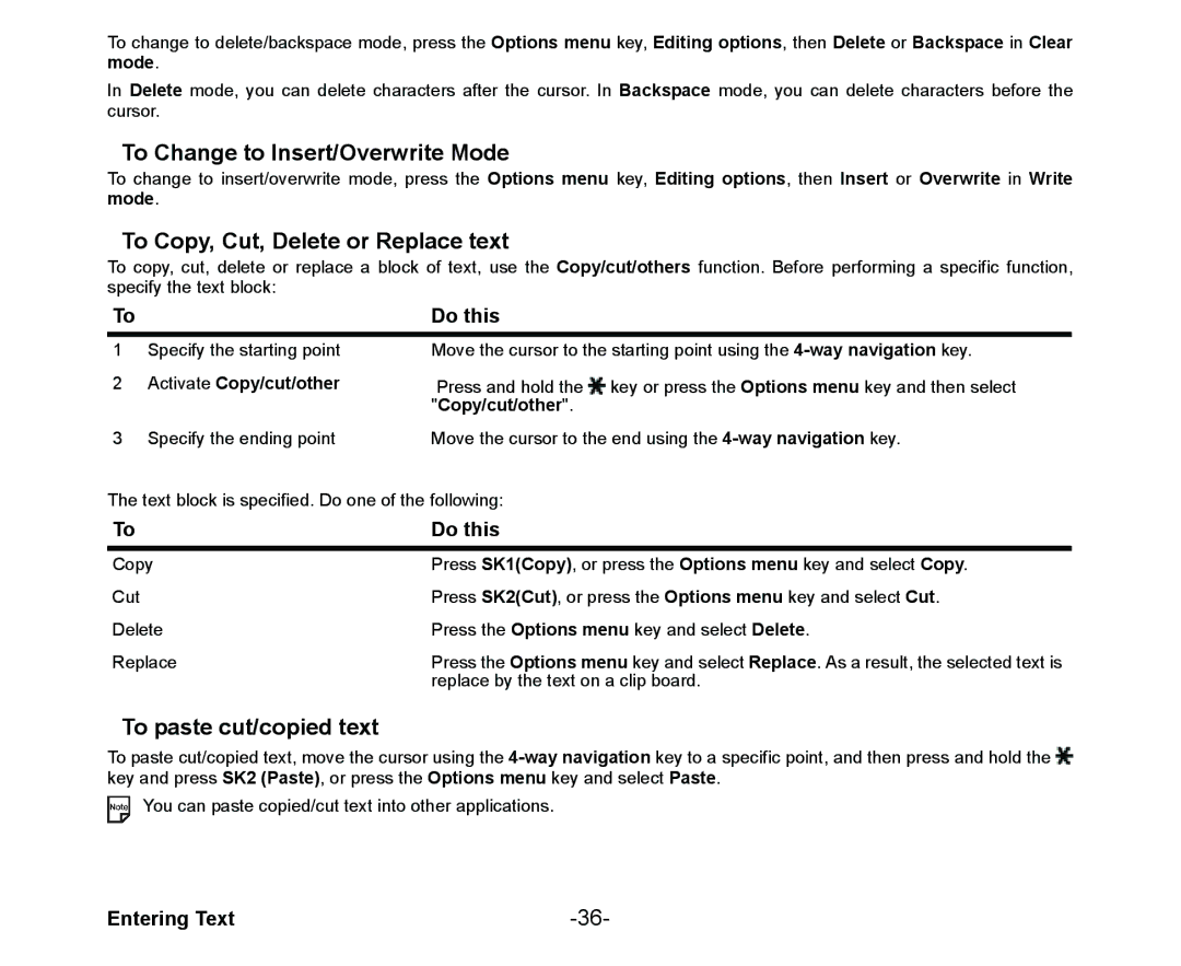 NEC Cell Phone manual To Change to Insert/Overwrite Mode, To Copy, Cut, Delete or Replace text, To paste cut/copied text 