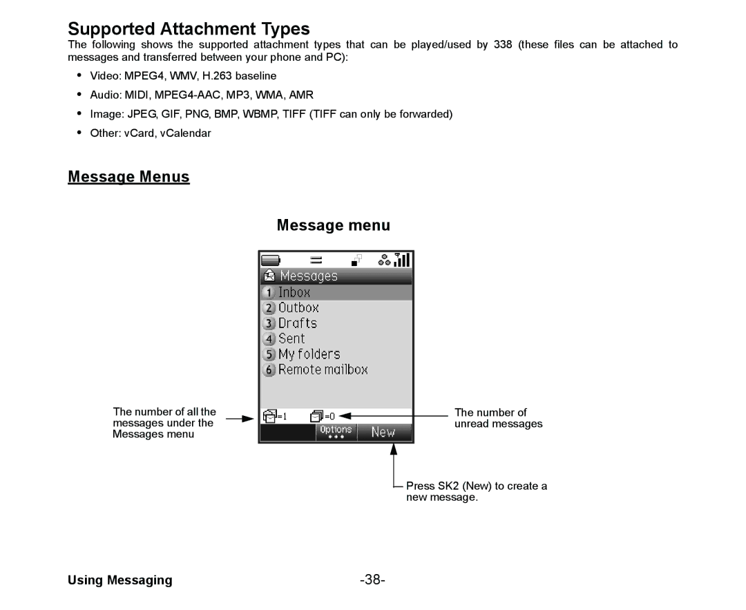 NEC Cell Phone manual Supported Attachment Types, Message Menus Message menu, Using Messaging 