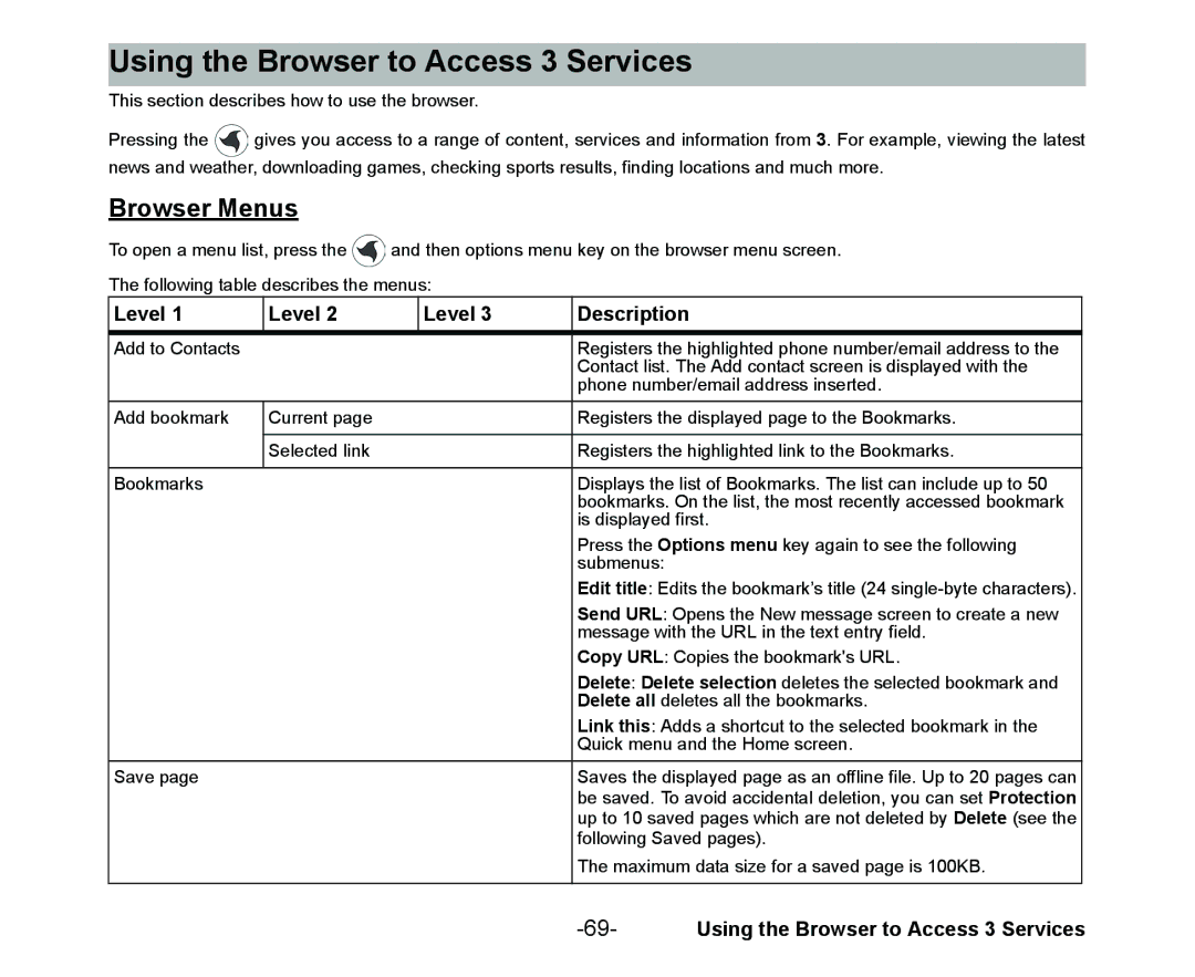 NEC Cell Phone manual Using the Browser to Access 3 Services, Browser Menus, Level Description 