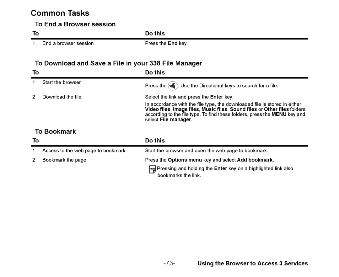 NEC Cell Phone manual To End a Browser session, To Download and Save a File in your 338 File Manager, To Bookmark 