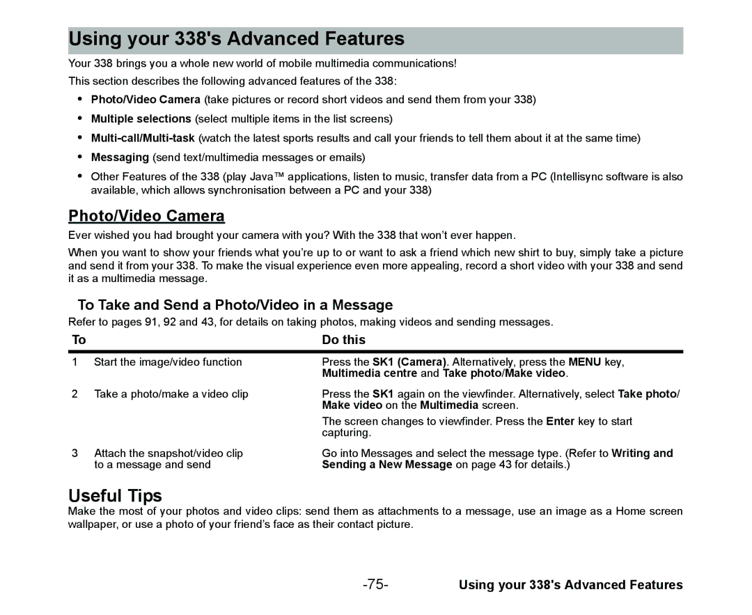 NEC Cell Phone manual Using your 338s Advanced Features, Photo/Video Camera, To Take and Send a Photo/Video in a Message 