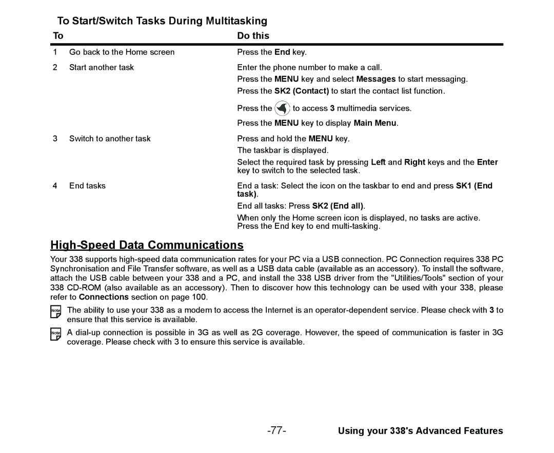 NEC Cell Phone manual High-Speed Data Communications, To Start/Switch Tasks During Multitasking 