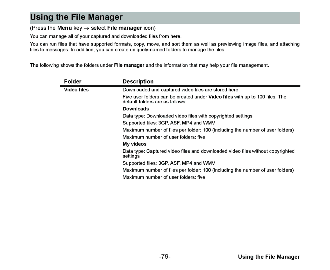 NEC Cell Phone manual Using the File Manager, Folder Description, Video files, Downloads, My videos 