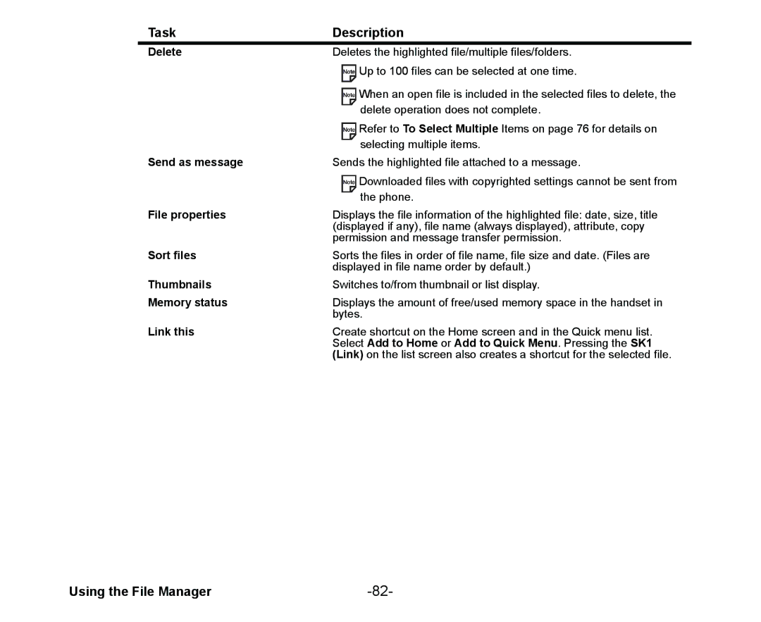 NEC Cell Phone manual Delete, Send as message, File properties, Sort files, Thumbnails, Memory status 