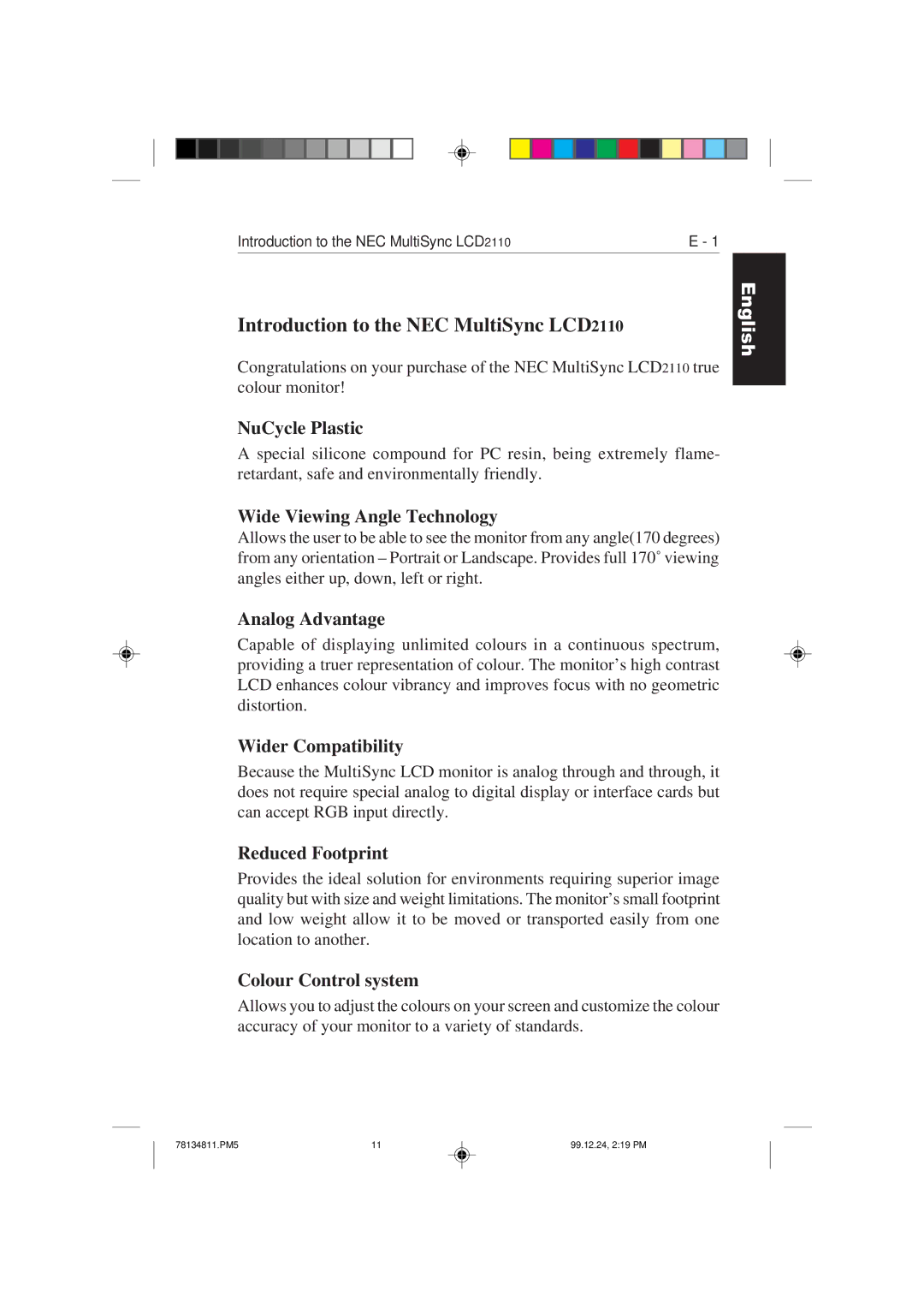 NEC colour monitor appendix Introduction to the NEC MultiSync LCD2110 