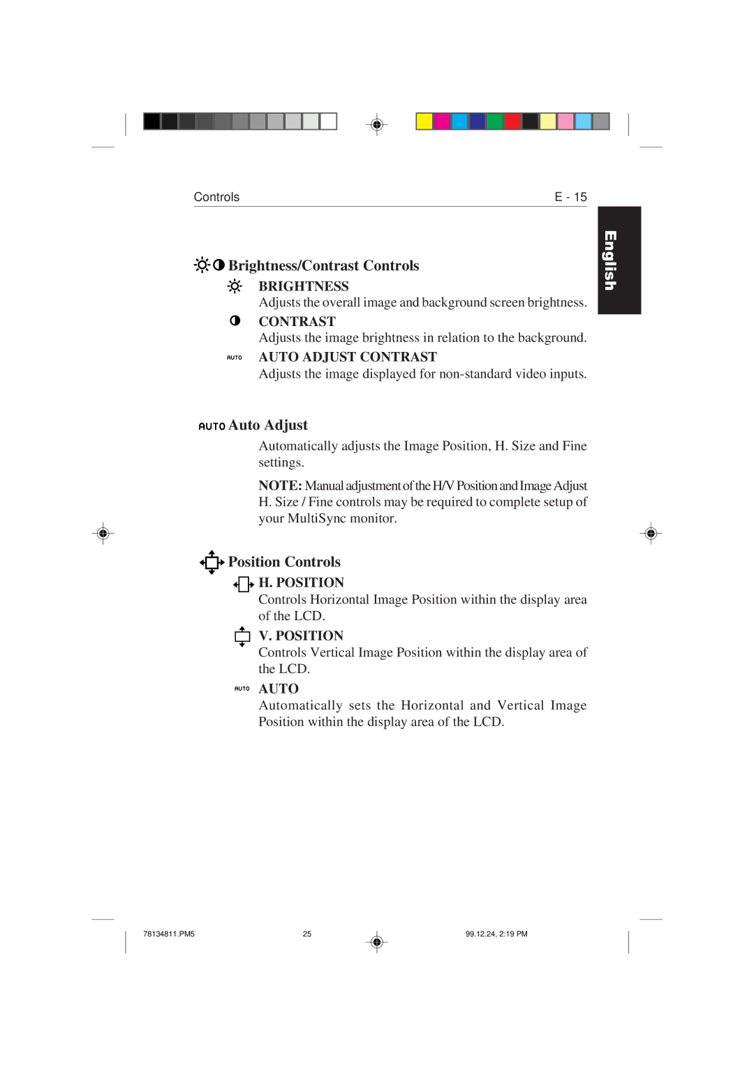 NEC colour monitor appendix Brightness/Contrast Controls, Auto Adjust, Position Controls 