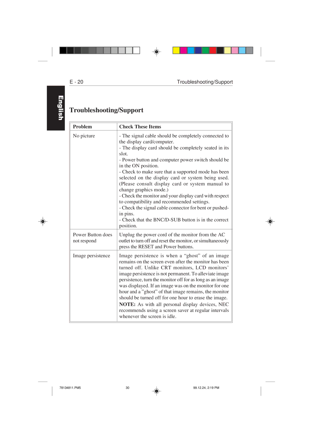 NEC colour monitor appendix Troubleshooting/Support, Problem Check These Items 