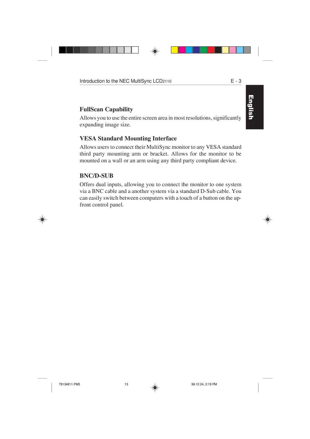 NEC colour monitor appendix FullScan Capability, Vesa Standard Mounting Interface 