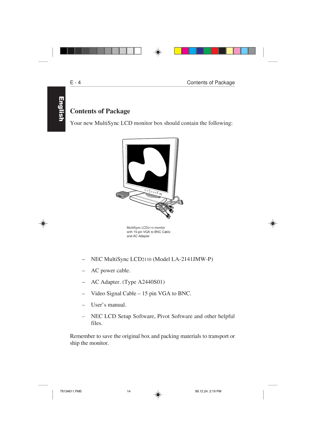 NEC colour monitor appendix Contents of Package 