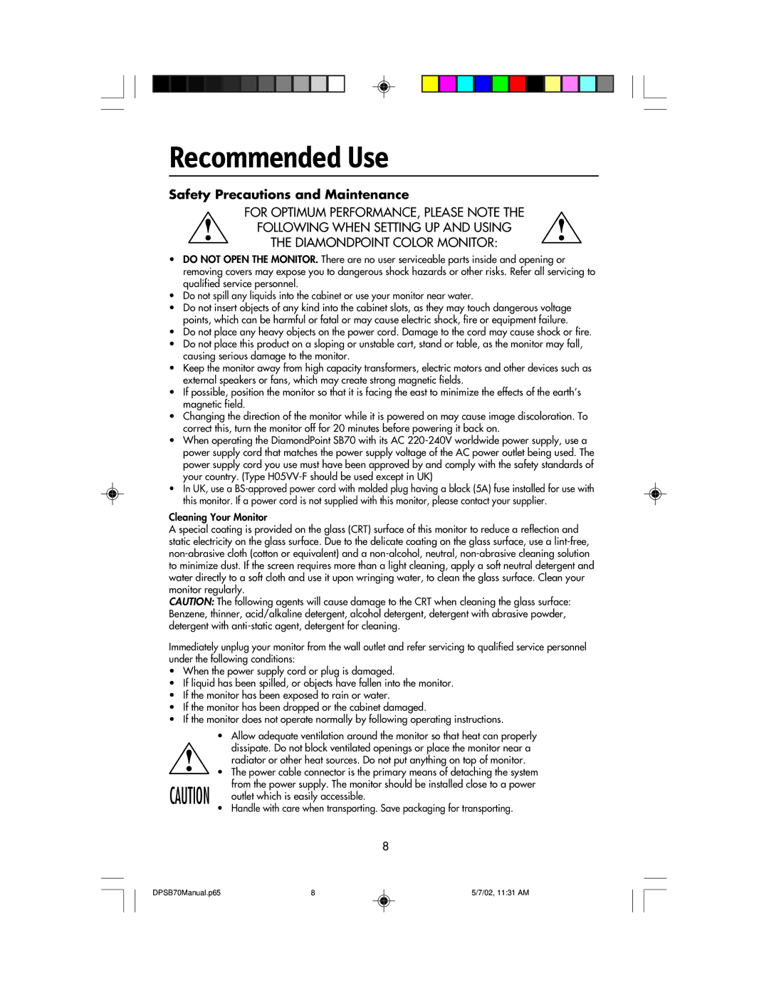 NEC DPSB70 manual Recommended Use, Safety Precautions and Maintenance 