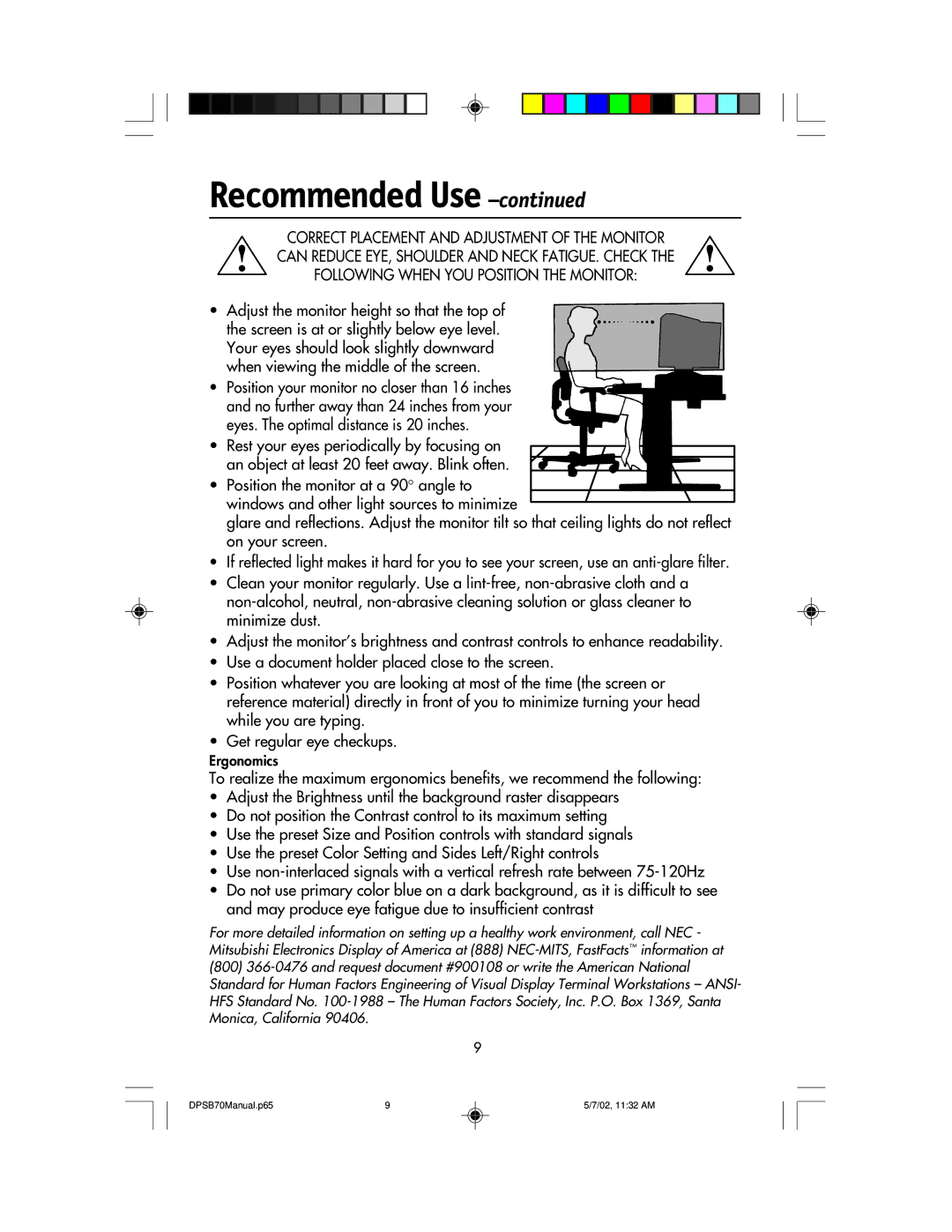 NEC DPSB70 manual Adjust the monitor height so that the top 