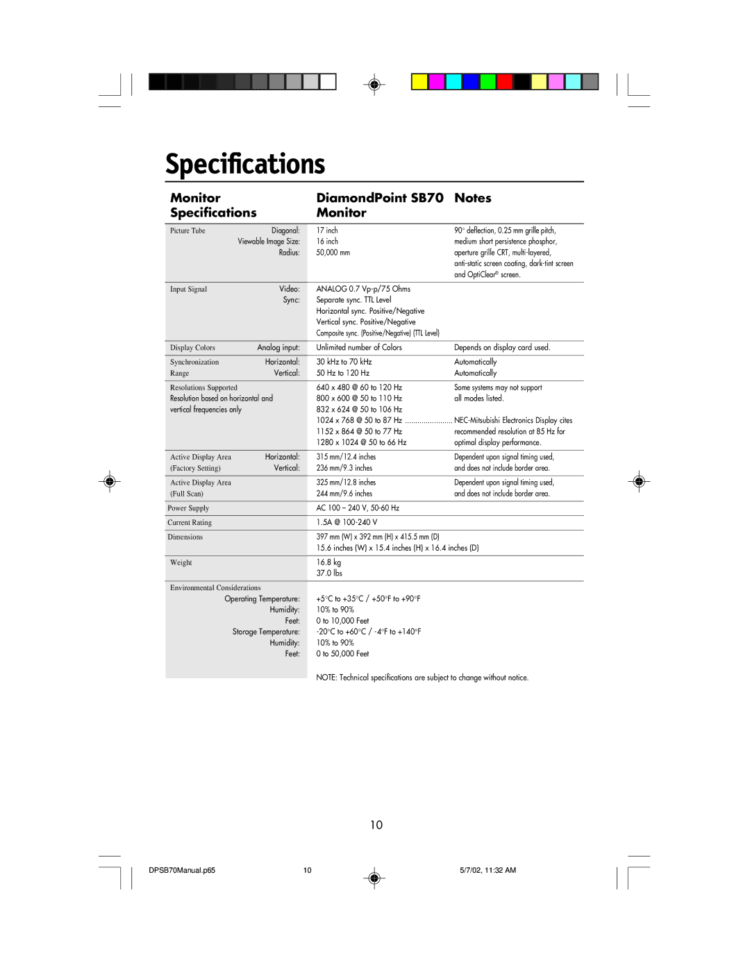 NEC DPSB70 manual Monitor DiamondPoint SB70 Specifications 