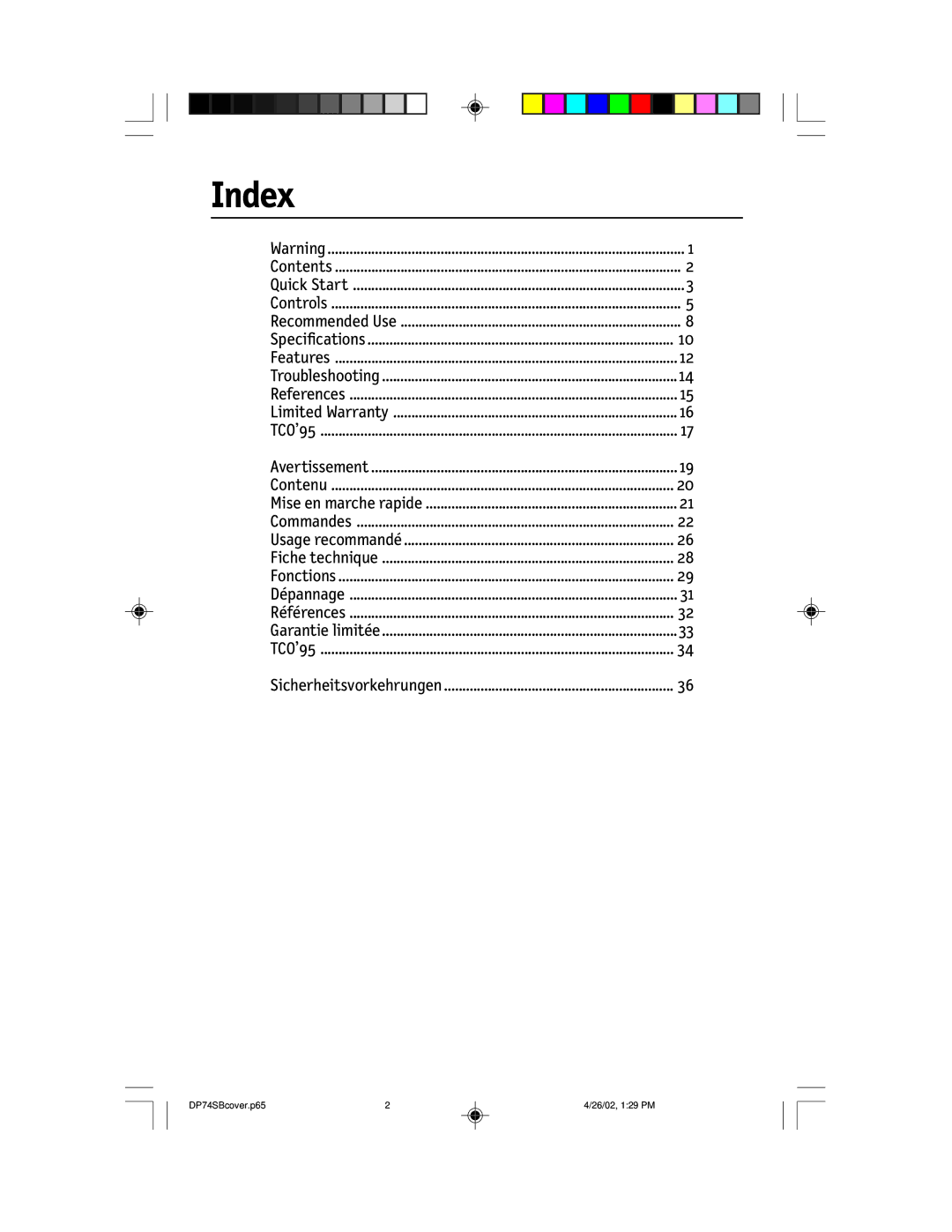 NEC DPSB70 manual Index 