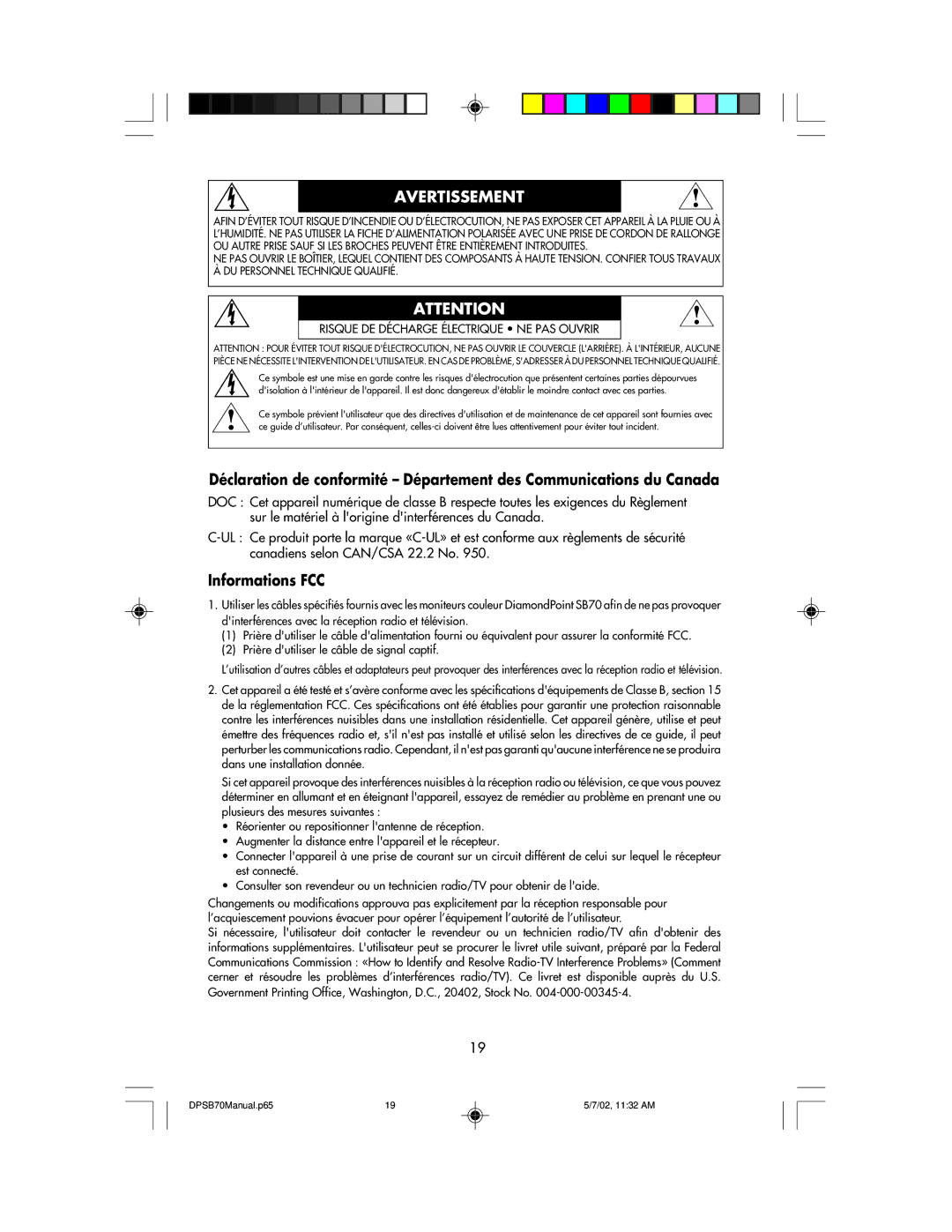 NEC DPSB70 manual Avertissement, Informations FCC 