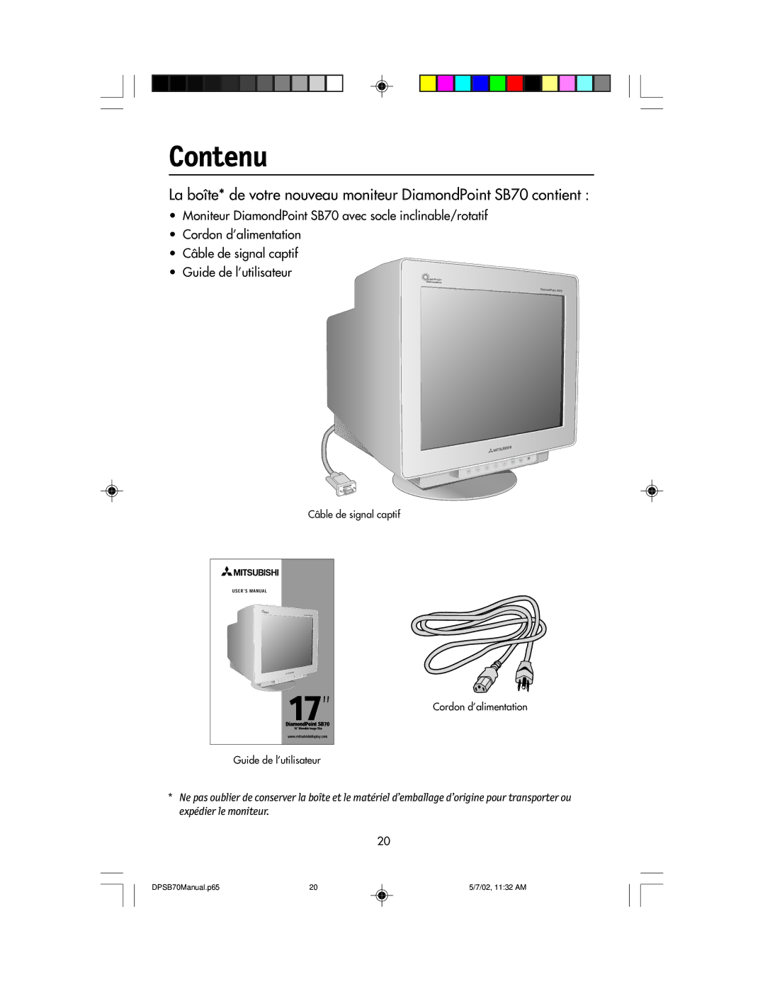 NEC DPSB70 manual Contenu 