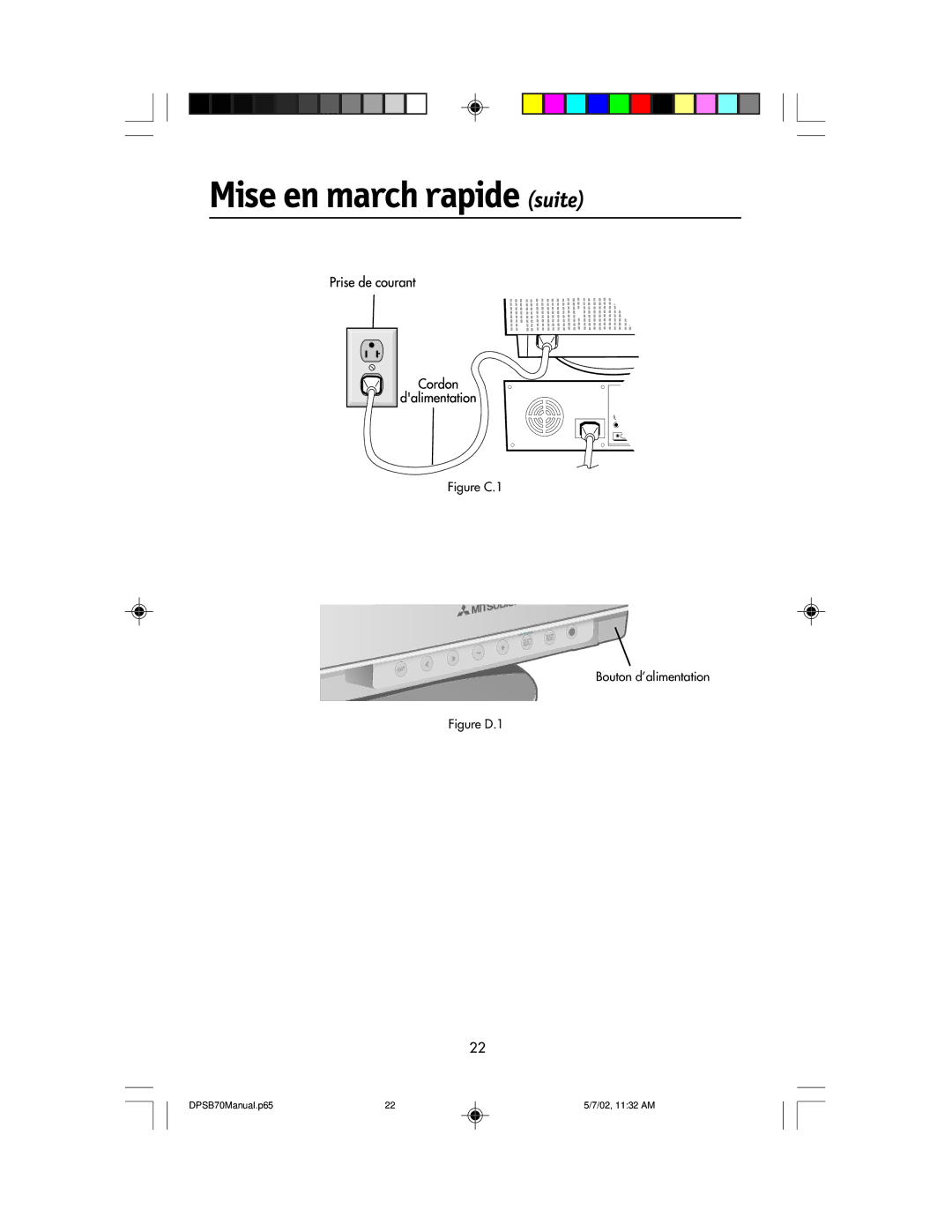 NEC DPSB70 manual Mise en march rapide suite, Figure C.1 Bouton d’alimentation 