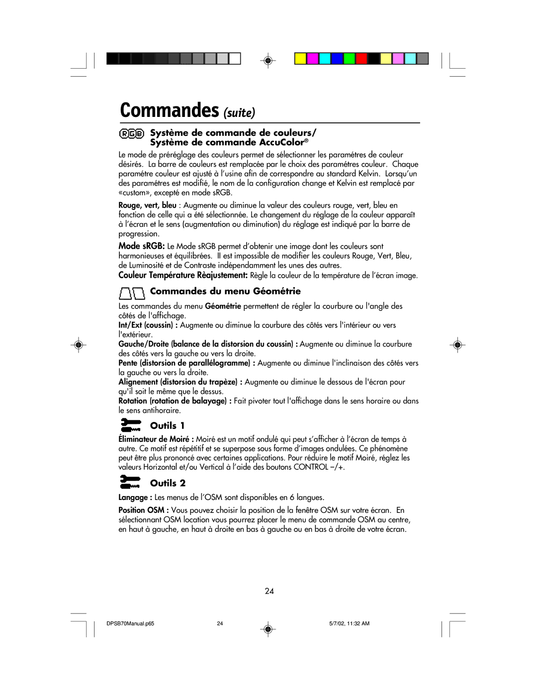 NEC DPSB70 manual Commandes suite, Commandes du menu Géométrie, Outils 