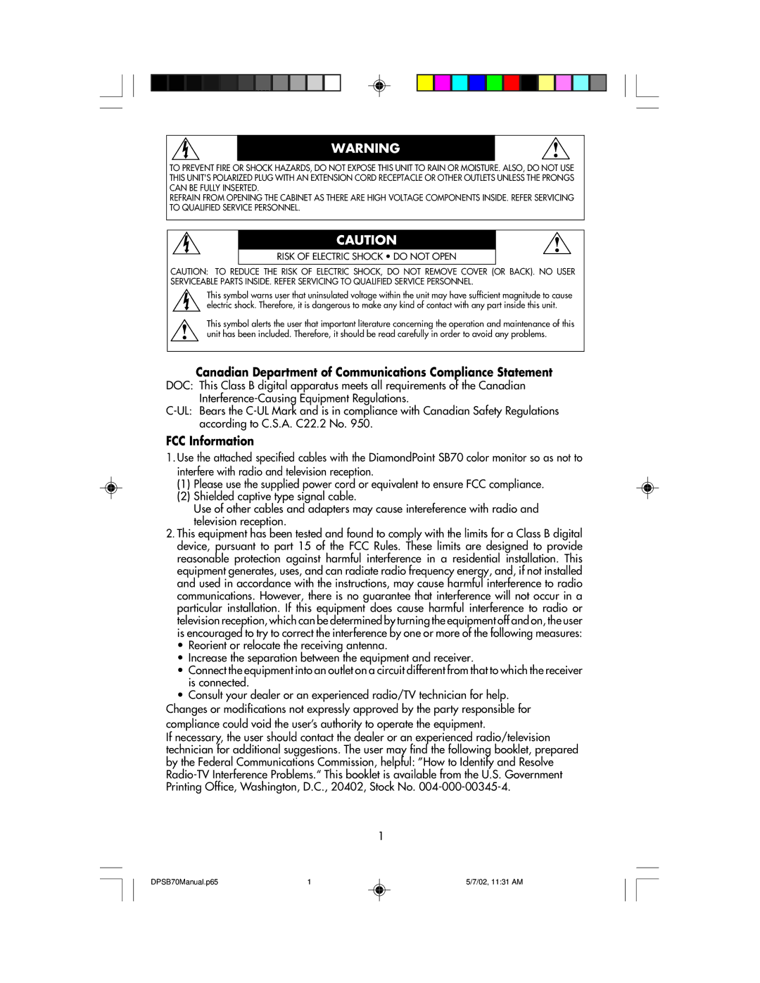 NEC DPSB70 manual Canadian Department of Communications Compliance Statement, FCC Information 