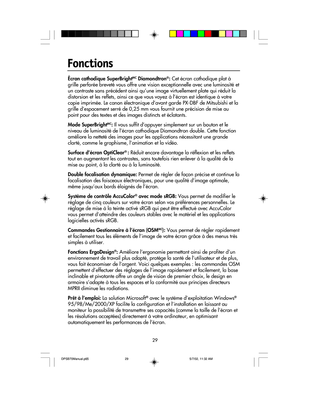 NEC DPSB70 manual Fonctions 