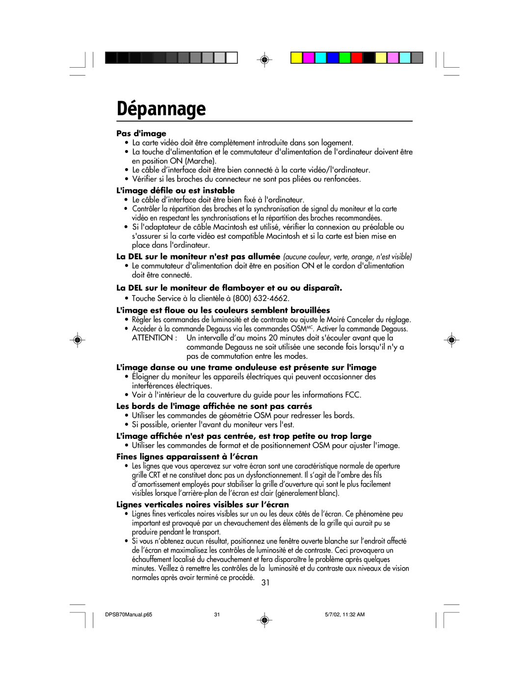 NEC DPSB70 manual Dépannage, Pas dimage 