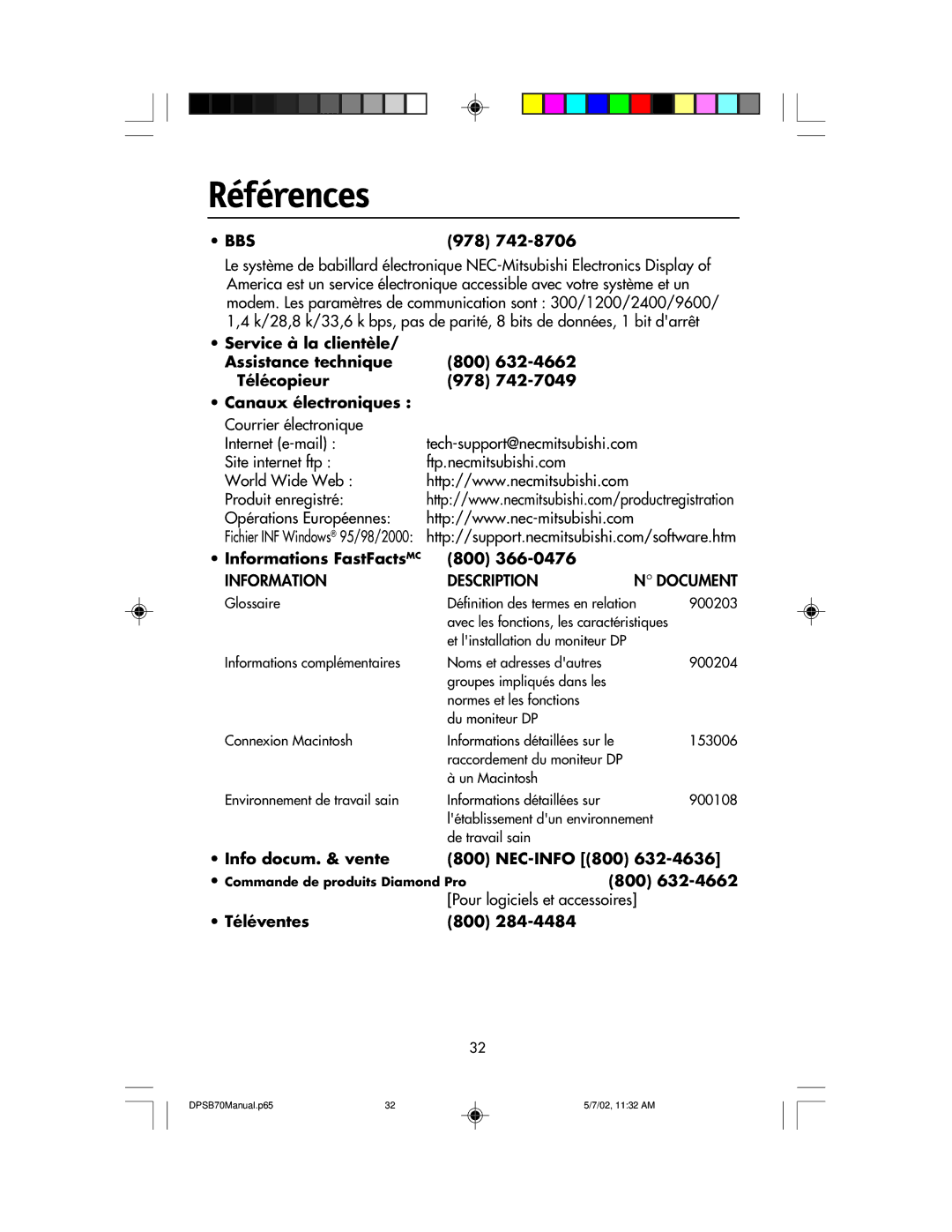 NEC DPSB70 manual Références, Informations FastFacts MC 800, Info docum. & vente NEC-INFO 800, Téléventes 800 