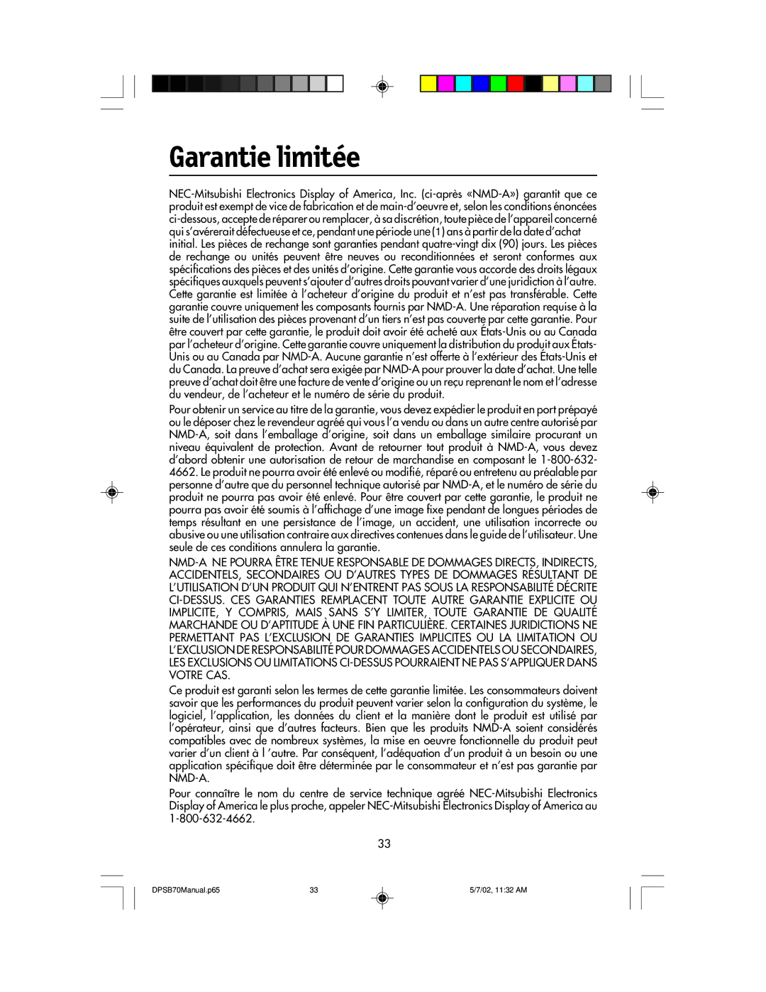 NEC DPSB70 manual Garantie limitée 