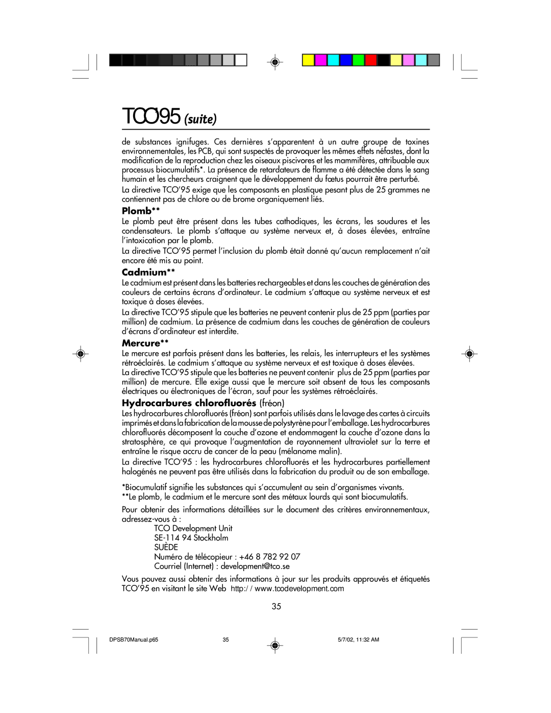 NEC DPSB70 manual TCO’95 suite, Plomb, Cadmium, Mercure, Hydrocarbures chlorofluorés fréon 