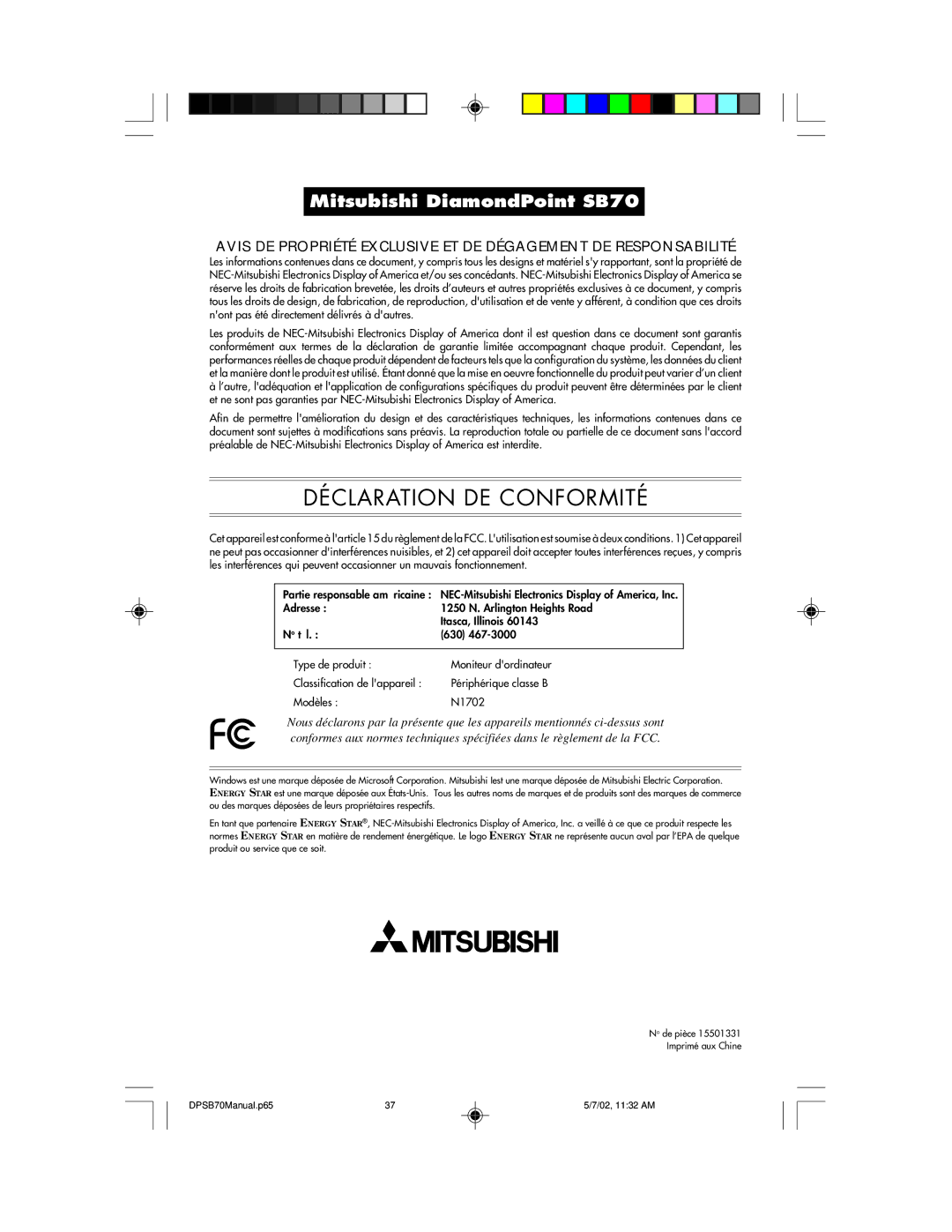 NEC DPSB70 manual Déclaration DE Conformité 