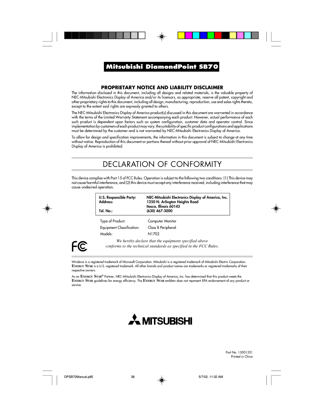 NEC DPSB70 manual Declaration of Conformity 