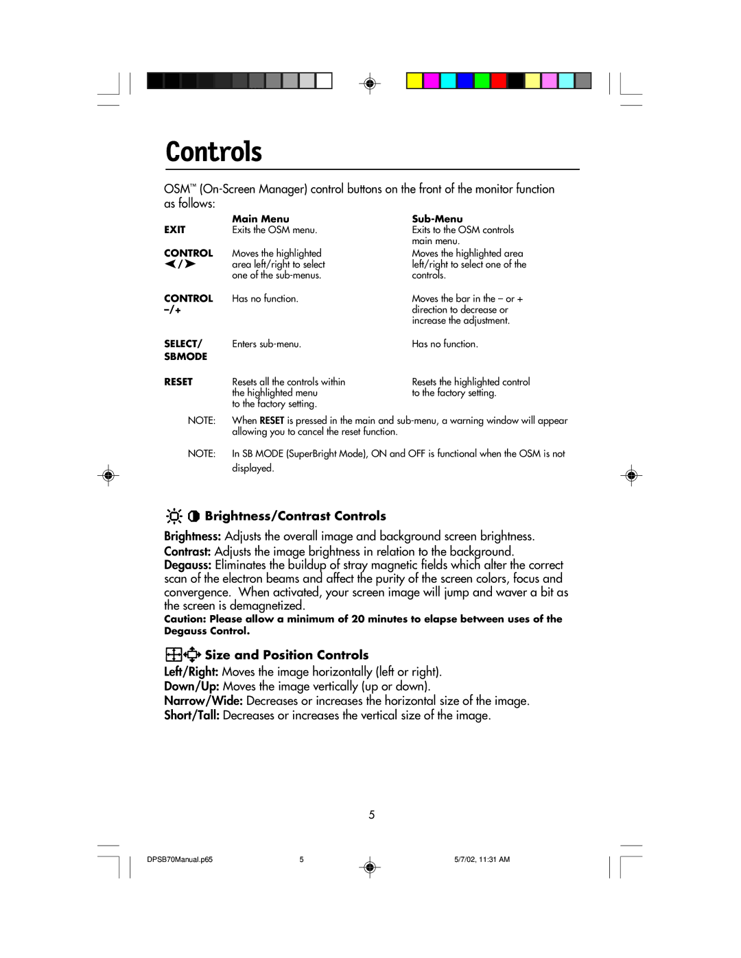 NEC DPSB70 manual Brightness/Contrast Controls, Size and Position Controls 