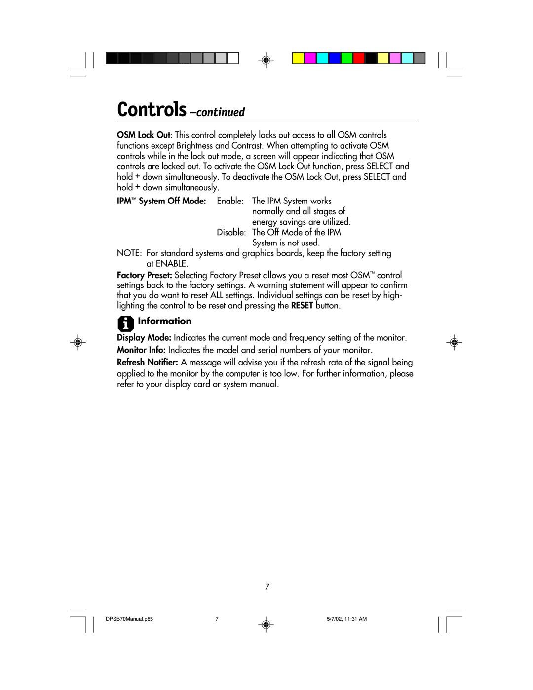 NEC DPSB70 manual Information 