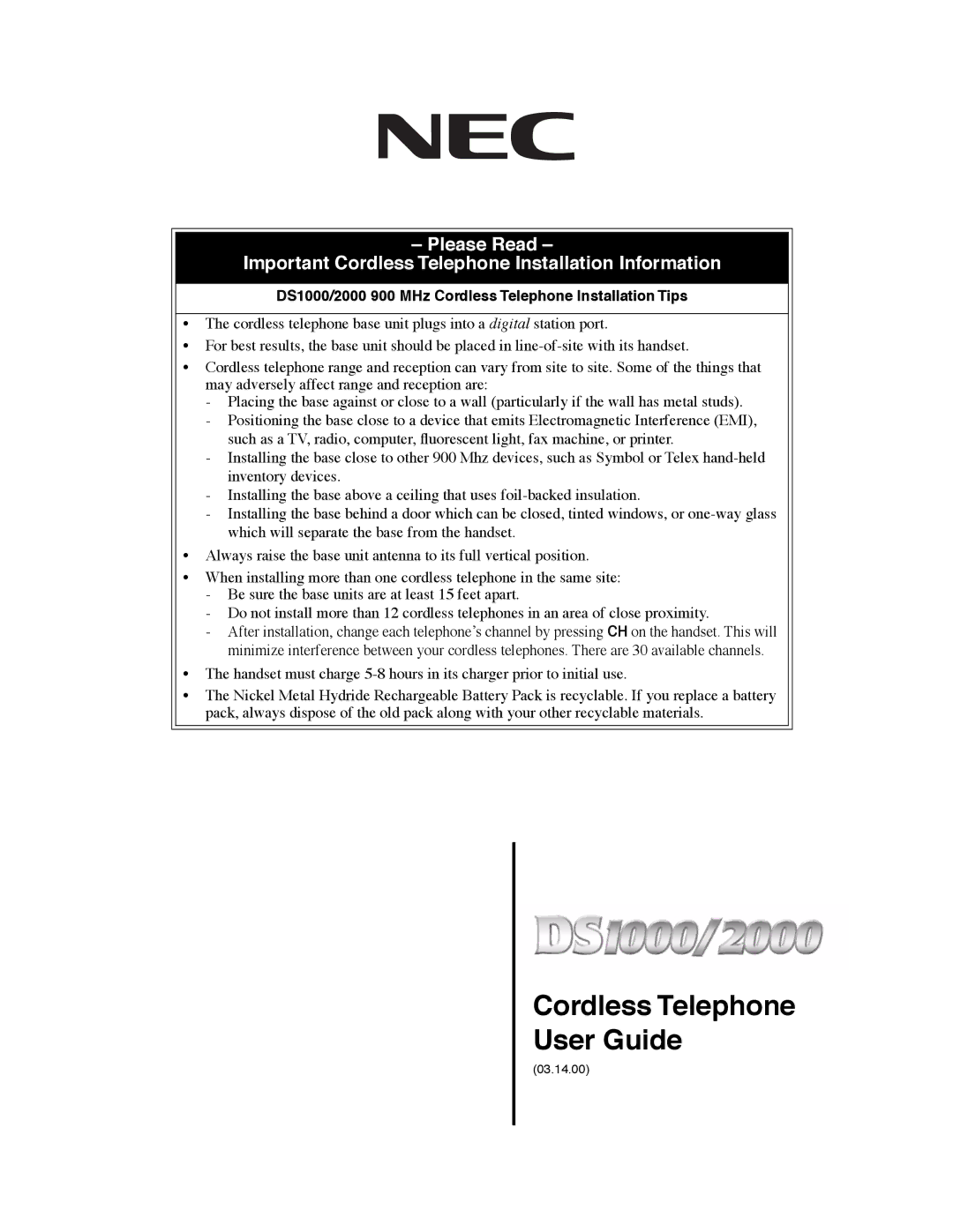 NEC manual Cordless Telephone User Guide, DS1000/2000 900 MHz Cordless Telephone Installation Tips 