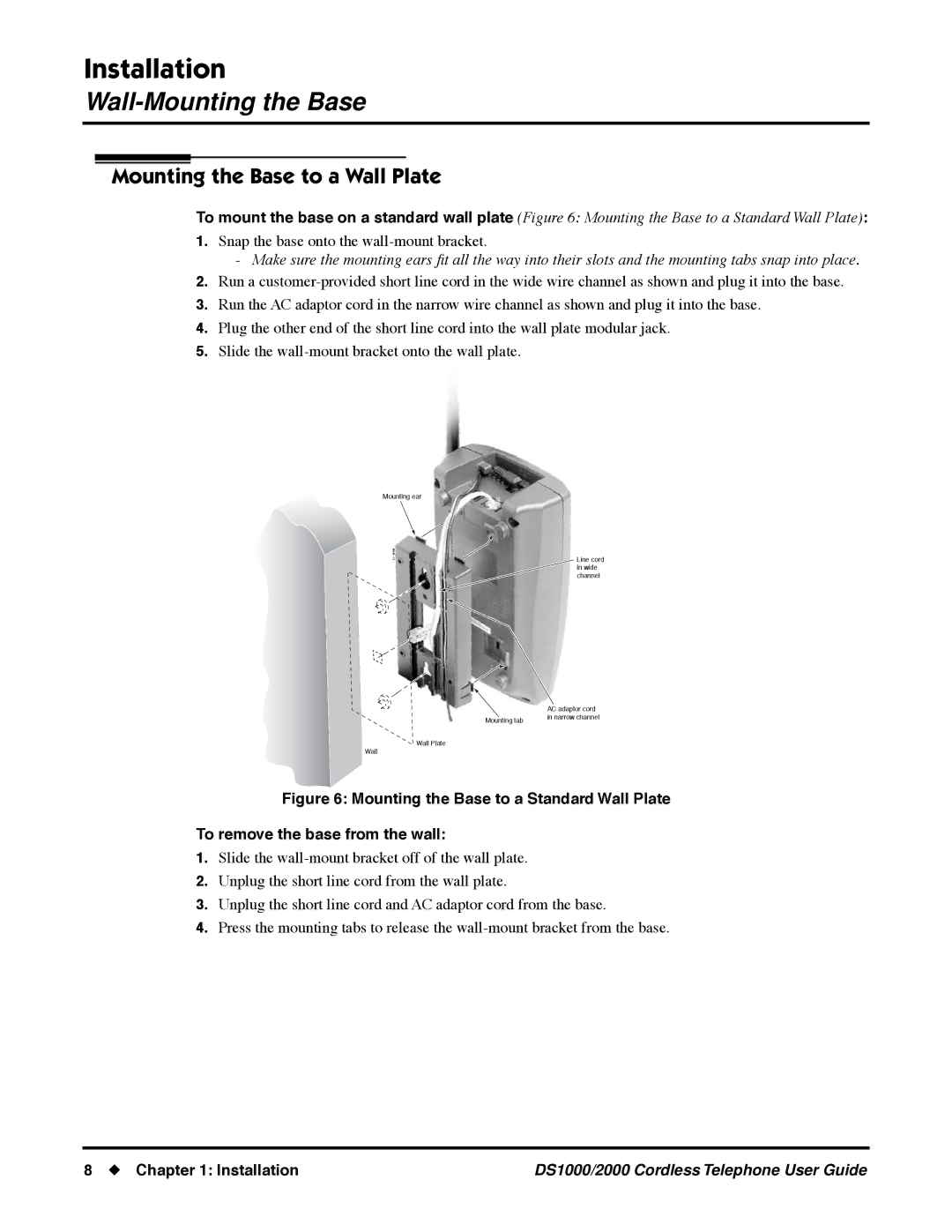 NEC DS1000 manual Mounting the Base to a Wall Plate, Installation 