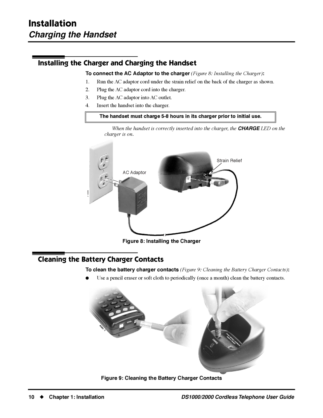 NEC DS1000 manual Installing the Charger and Charging the Handset, Cleaning the Battery Charger Contacts 