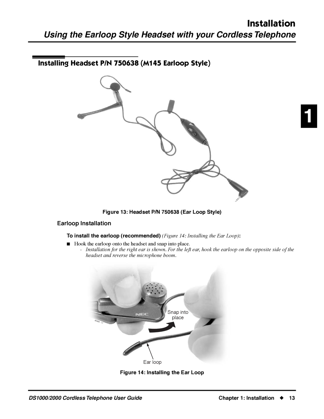 NEC DS1000 manual Installing Headset P/N 750638 M145 Earloop Style, Earloop Installation 