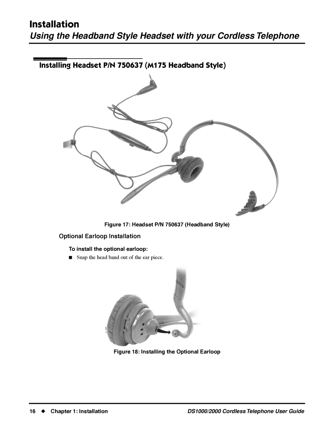 NEC DS1000 manual Installing Headset P/N 750637 M175 Headband Style, Optional Earloop Installation 