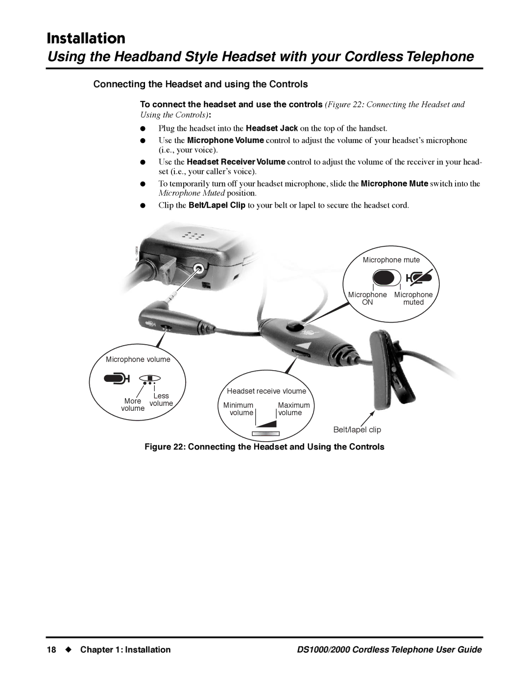 NEC DS1000 manual Connecting the Headset and Using the Controls Installation 