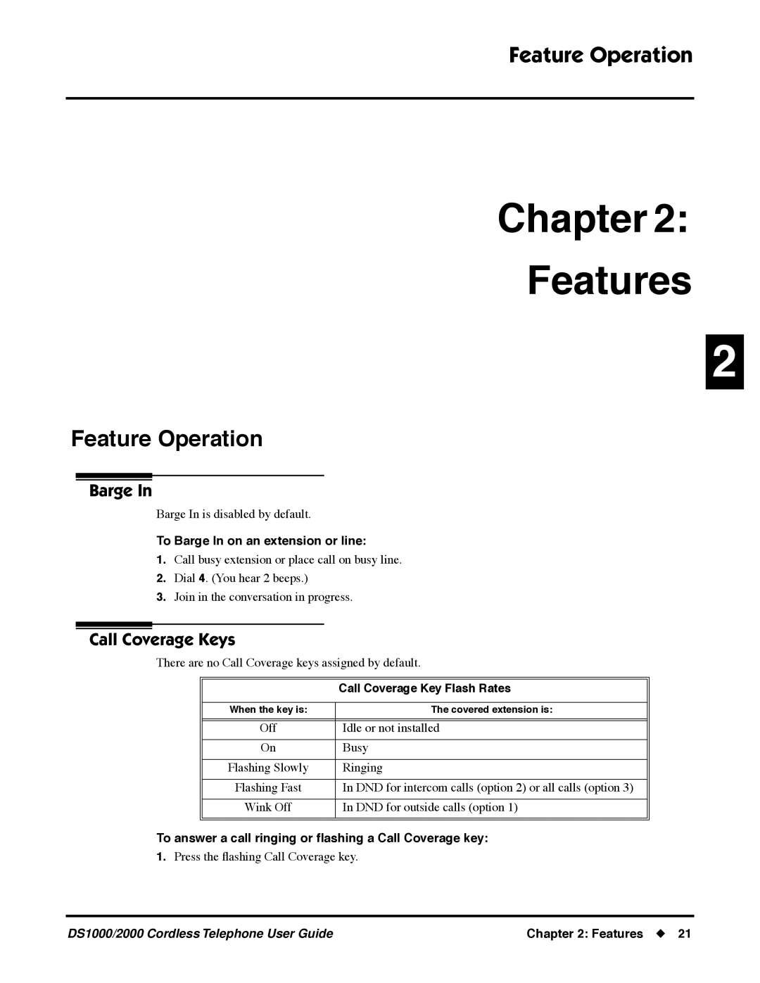NEC DS1000 manual Call Coverage Keys, To Barge In on an extension or line, Call Coverage Key Flash Rates 