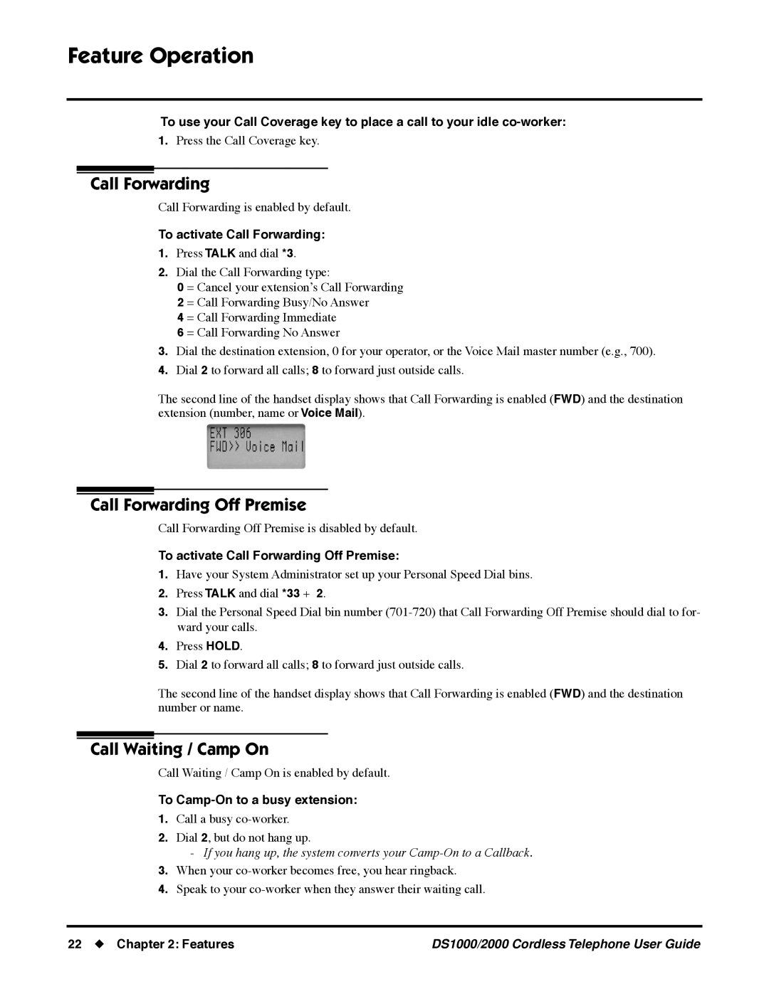 NEC DS1000 manual Call Forwarding Off Premise, Call Waiting / Camp On 