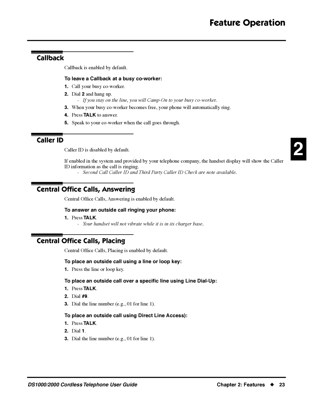 NEC DS1000 manual Callback, Caller ID, Central Ofﬁce Calls, Answering, Central Ofﬁce Calls, Placing 