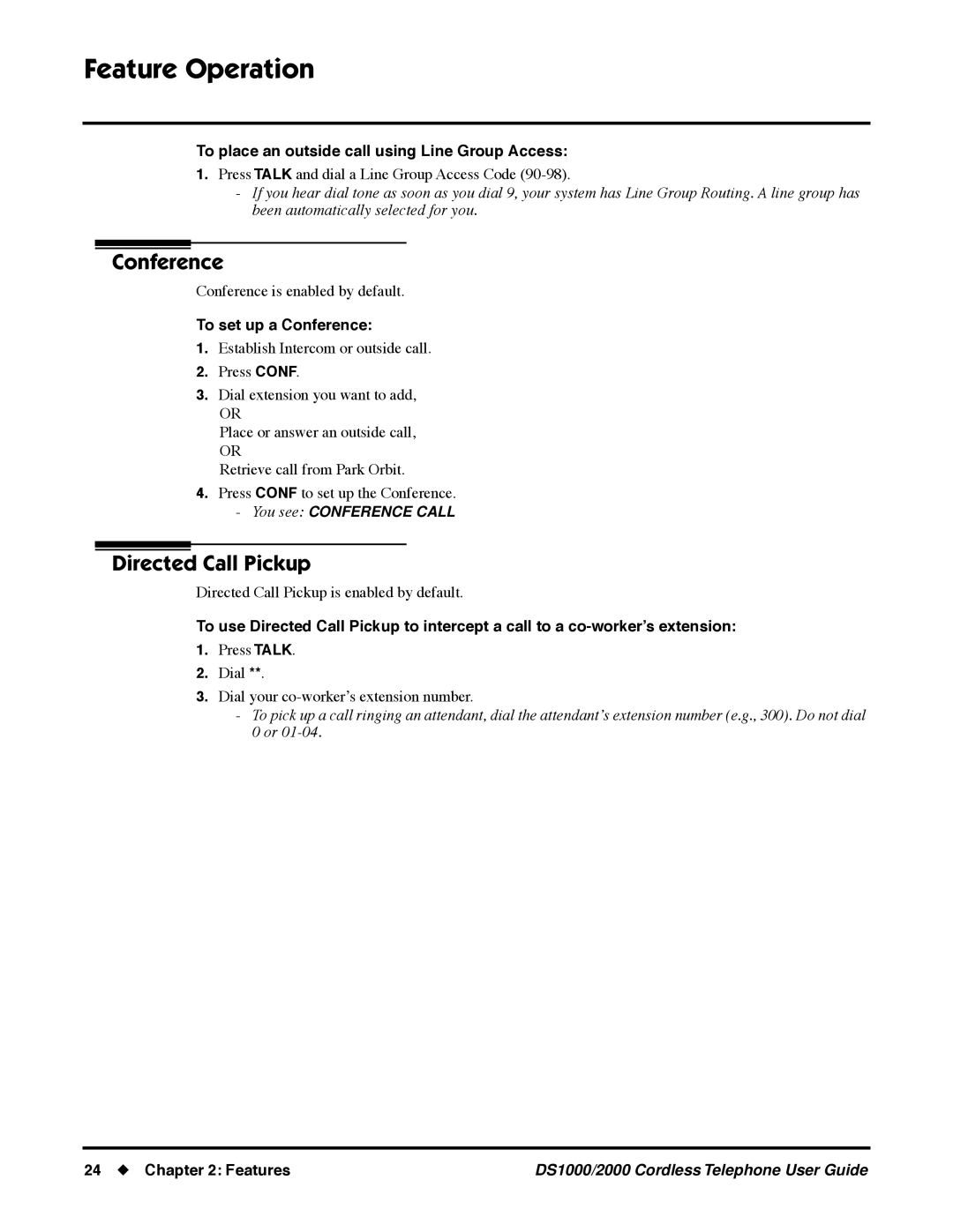 NEC DS1000 manual Directed Call Pickup, To place an outside call using Line Group Access, To set up a Conference 